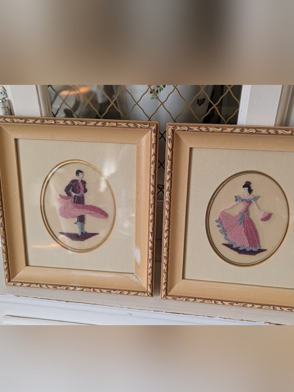💃🕺VTG MC Framed Embroidered Spanish Dancer His Hers Wall Art Shabby Chic